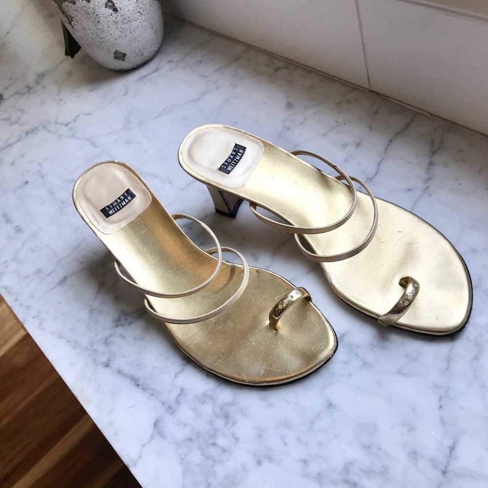 Stuart Weitzman Gold Leather and Satin Mule
